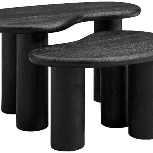 Mango Wood Nesting Coffee Table Set in Black - 2 Piece Kidney-Shaped Wood Coffee Table for Living Room