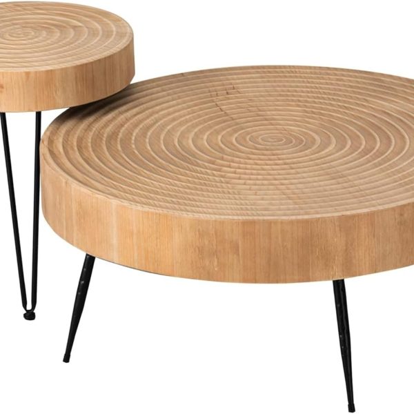 2-Piece Round Nesting Coffee Table Set, Natural Wood Top with Black Metal Legs, Ring Pattern – Rustic Farmhouse Accent for Living Room or Bedroom – Space-Saving Modern Furniture