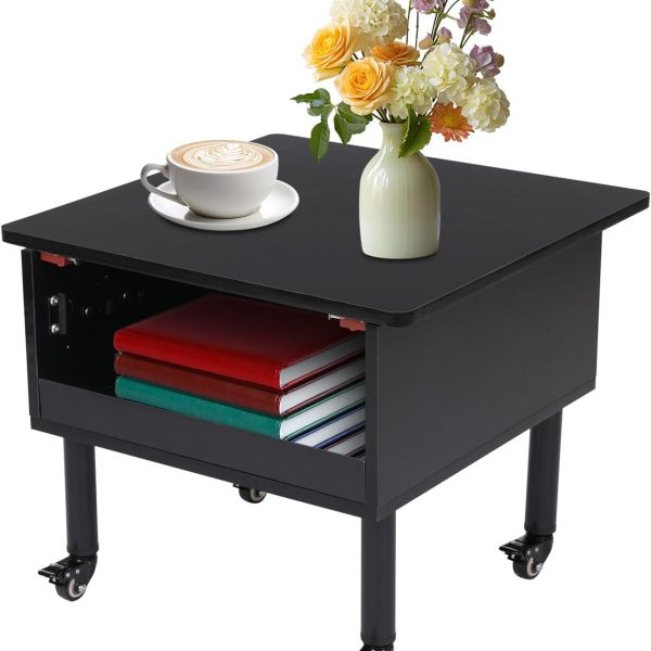 Small Square Lift Top Coffee Table, Wooden Modern Movable or Fixable Coffee Tables, Multifunctional Accent Table with Storage Shelves, Cocktail Table for Living Room Home Office (Black)