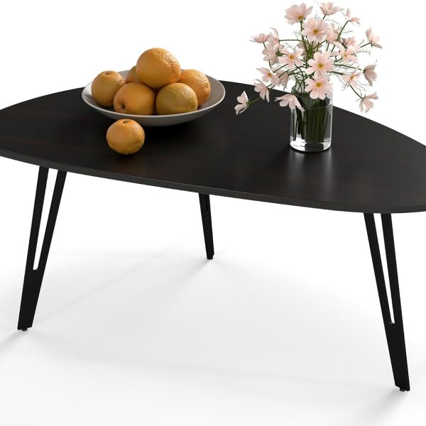 Small Black Coffee Table, Modern Irregular Oval Wood Top with Tapered Metal Legs, Living Room Accent Table, 39.3"x21.6"x17" Low-Profile Table