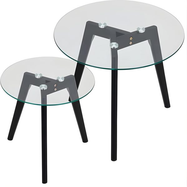 Round Glass End Table Set of 2 – 20" Small Round Black Nesting Tables for Living Room – Clear Modern Circle Side Tables with Wooden Legs – Center Table for Home, Patio, or Office – Easy Assembly