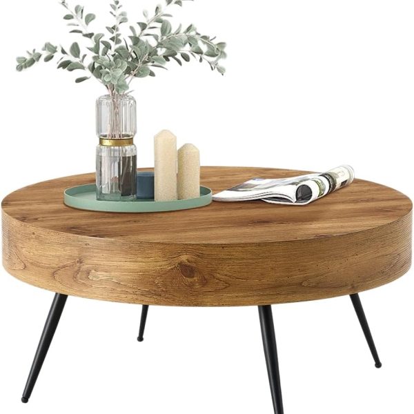 Round Coffee Table, Small Wood Coffee Table with Storage, Modern Mid Century Circle Tables Accent Center Tables for Living Room Apartment Small Space (31.5''D-Brown)
