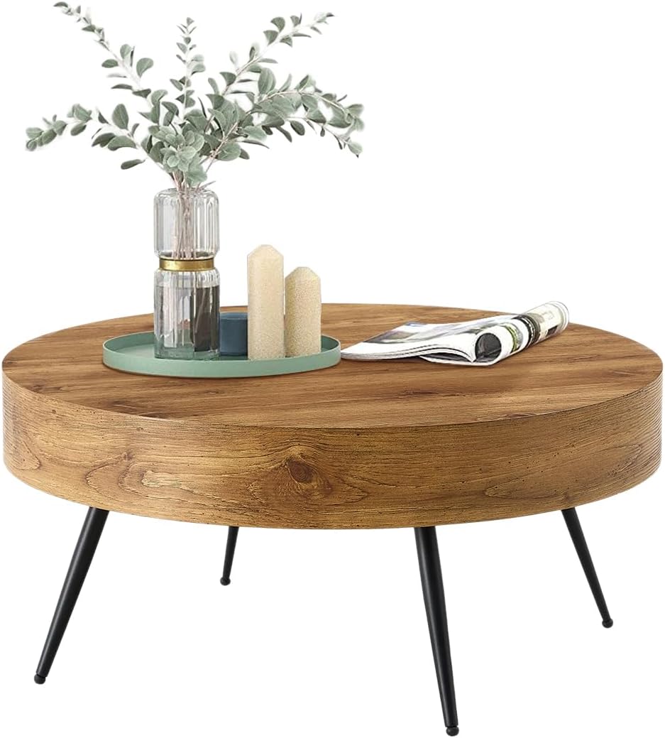 61de2nZYkrL._AC_SL1200_.jpg Round Coffee Table, Small Wood Coffee Table with Storage, Modern Mid Century Circle Tables Accent Center Tables for Living Room Apartment Small Space (31.5''D-Brown) - Image 1