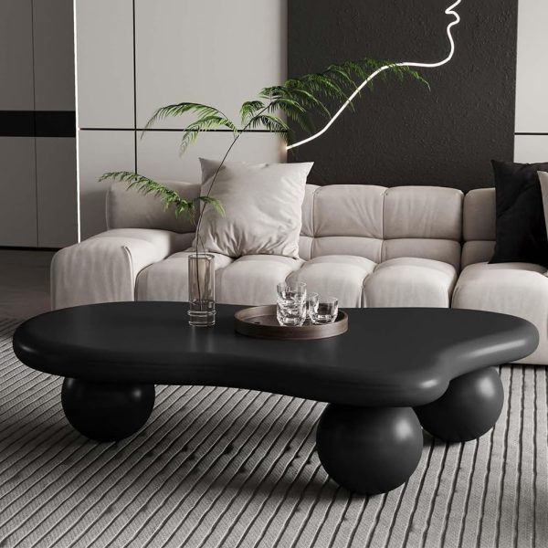 47" Cloud Coffee Table for Living Room Irregular Coffee Table Modern Low Coffee Tables Abstract Faux Stone Cute Center Table with 3 Ball Legs for Small Space Apartment Black