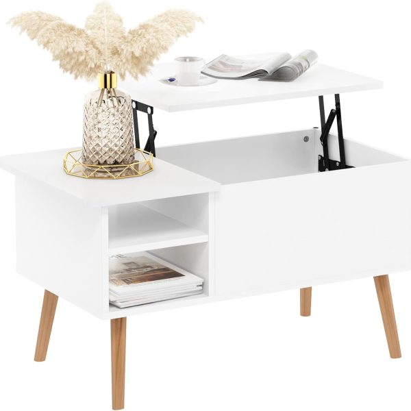 Wooden Leg Lift Top Coffee Table with Hidden Compartment and Side Open Storage Shelf for Living Room, Solid White