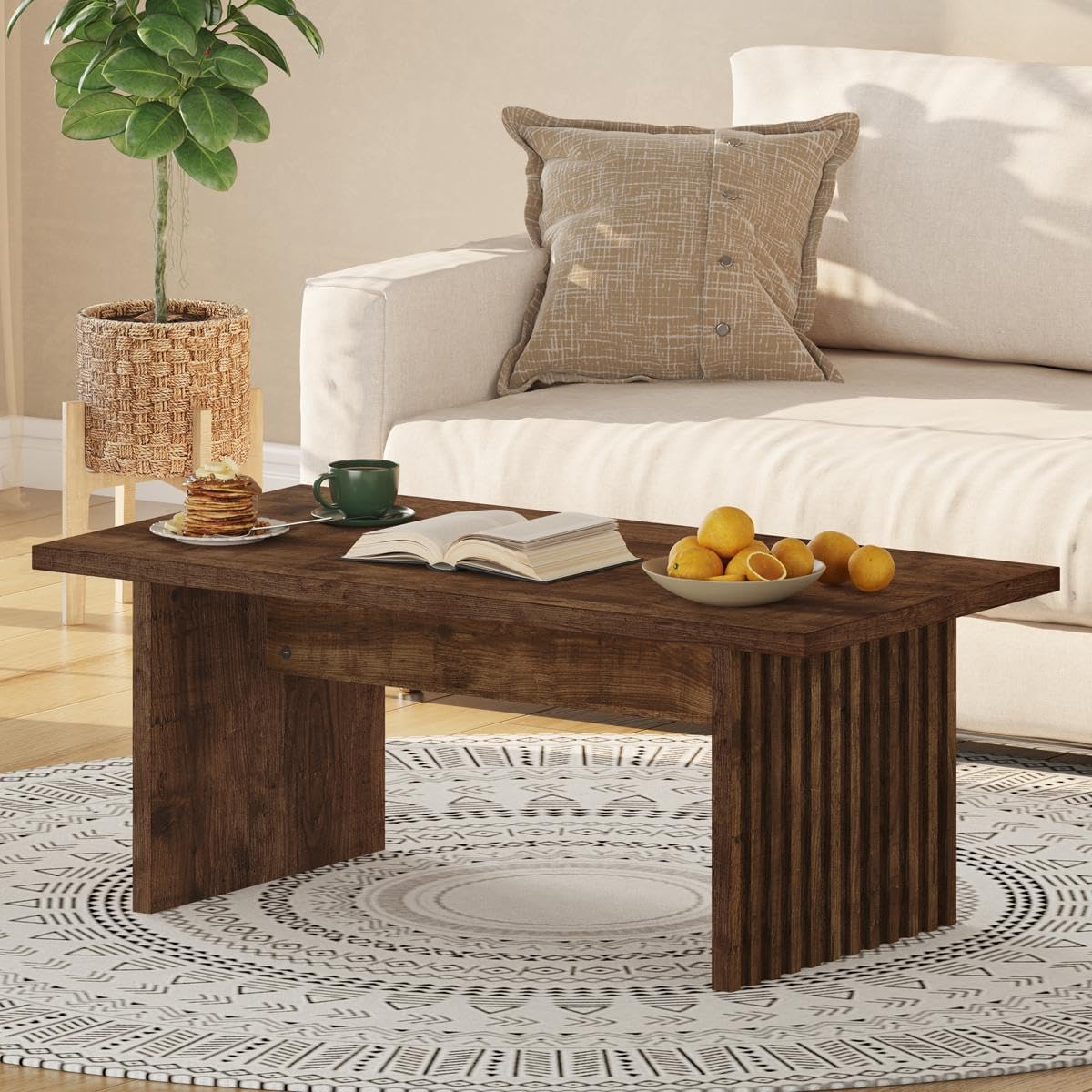 717VevQEmqL._AC_SL1200_.jpg Coffee Table for Living Room, Farmhouse Wood Center Table, Rectangle Mid-Century Living Room Tables, Unique Fluted Panel Coffee Tables (Rustic Oak, 43Inch) - Image 1