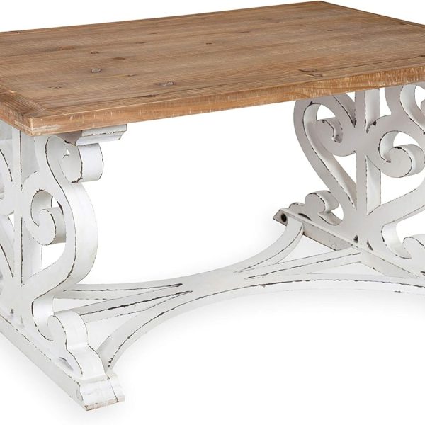 Rustic Carved Coffee Table, 38" x 23" x 18", Distressed Brown and White, Farmhouse-Inspired Living Room Decor