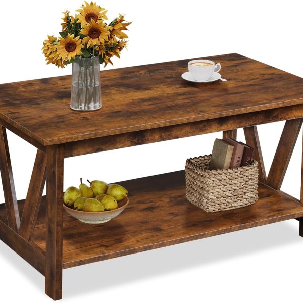 Coffee Table with Storage Shelf, 39.4" Farmhouse Coffee Table with V-Frame Support, 2-Tier Wood Rustic Center Table for Living Room, Bedroom & Balcony, Rustic Brown