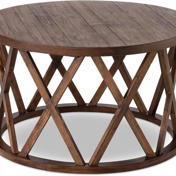 Rustic Farmhouse Coffee Table, Round Coffee Table with X-Motifs Legs, Wood Textured Top, for Boho, French Country Decor, Brown