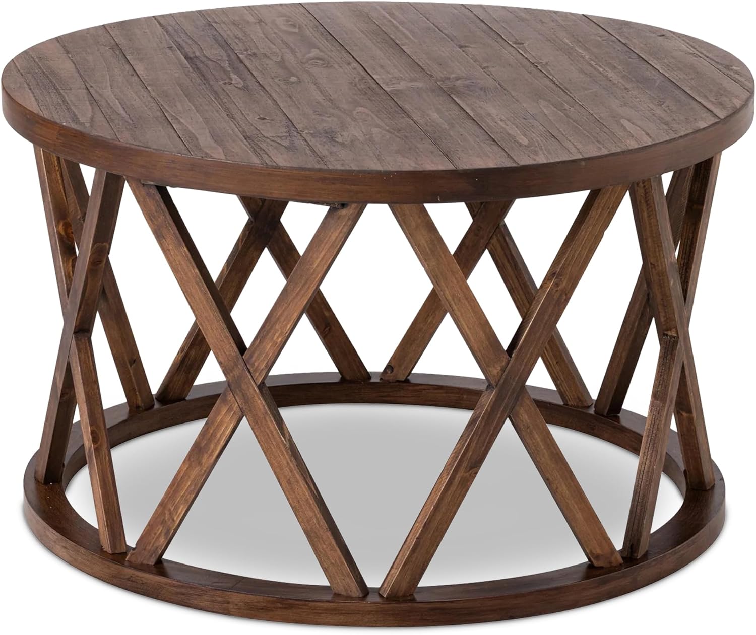 71FKG6DPPIL._AC_SL1500_.jpg Rustic Farmhouse Coffee Table, Round Coffee Table with X-Motifs Legs, Wood Textured Top, for Boho, French Country Decor, Brown - Image 1