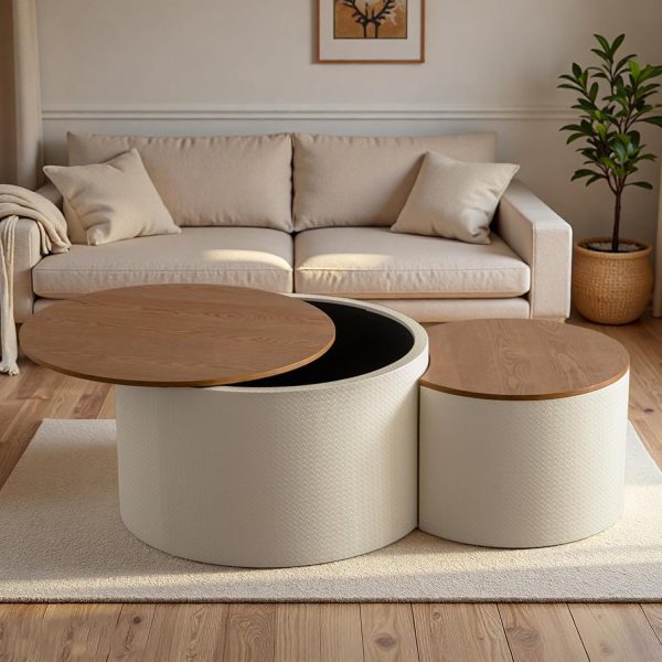 Nesting Coffee Tables Set of 2 Leather Finish Round Coffee Tables with Storage Wood Frame Drum End Side Table for Small Space Living Room Bedroom No Assembly Needed (White with Storage)