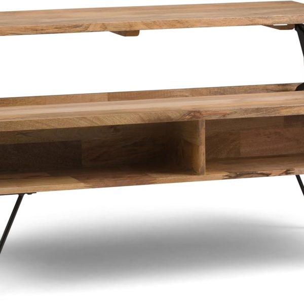 Lift Top Coffee Table - 48 inch Wide Solid Mango Wood and Metal Industrial Cocktail Table in Natural, Functional Living Room Table with 2 Storage Cubbies and Hairpin Legs