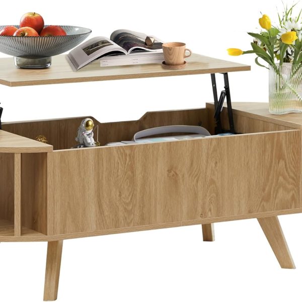 Small Lift Top Coffee Table with Storage, 47.3" Mid Century Modern Curved Coffee Table, Oval Center Table with Lift Tabletop for Living Room, Office (Natural)