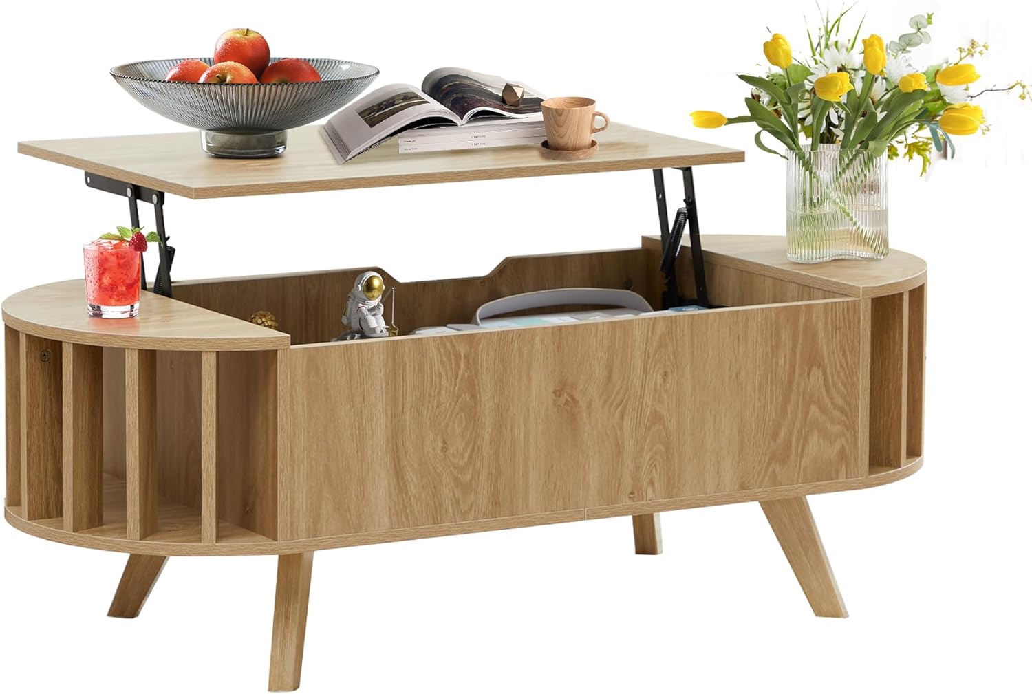 71YkC3R-BmL._AC_SL1500_.jpg Small Lift Top Coffee Table with Storage, 47.3" Mid Century Modern Curved Coffee Table, Oval Center Table with Lift Tabletop for Living Room, Office (Natural) - Image 1