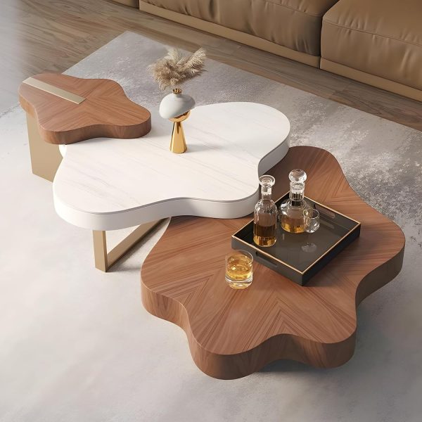 Modern Nesting Coffee Table Set for Living Room Fully Assembled Solid Wood Center Table Minimalist Irregular Cloud Coffee Table with Metal Legs