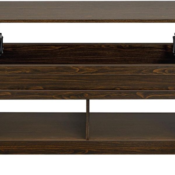 Lift Top Coffee Table with Hidden Storage and 2 Open Shelves Adjustable Tabletop Center Table for Living Room, Espresso