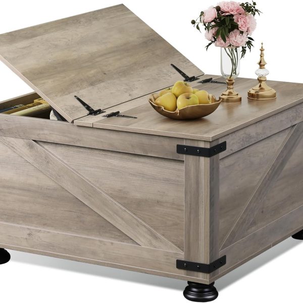 Farmhouse Coffee Table with Storage, Square Coffee Table with Flip-Top Lids, Center Table for Living Room, Bedroom, Home Office, Grey Oak