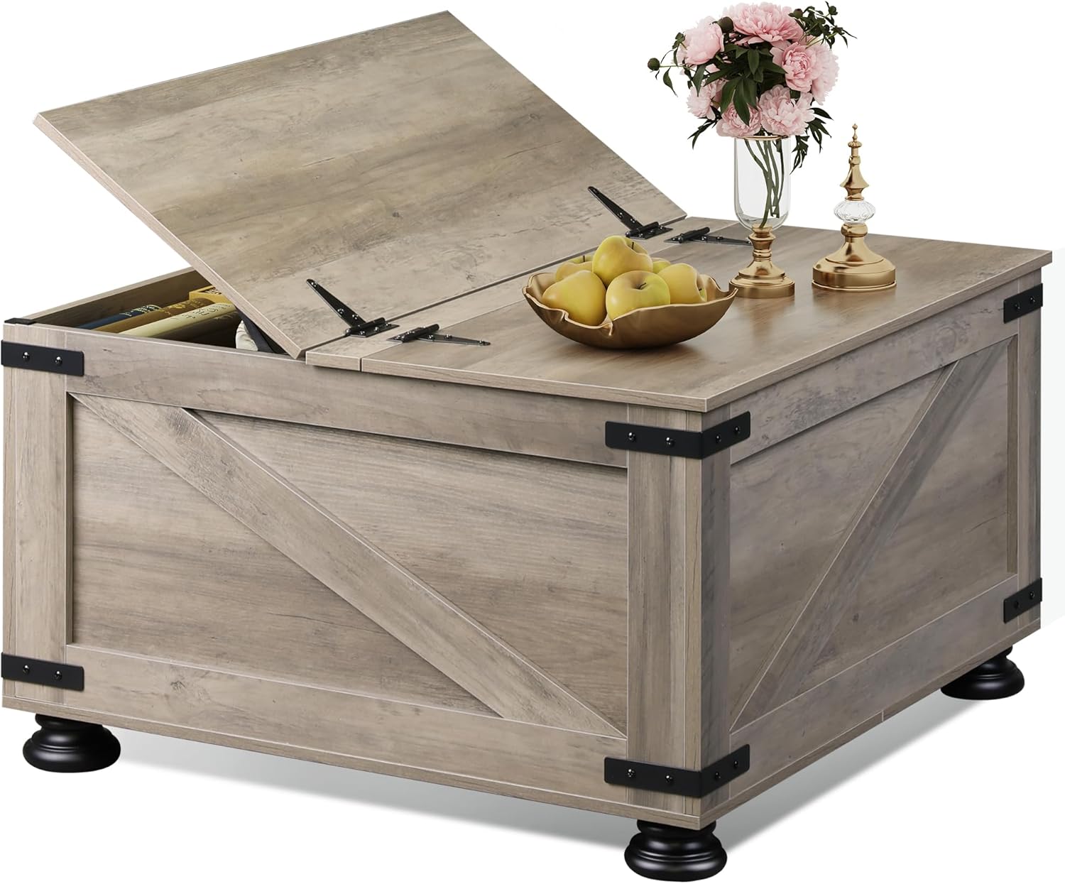 71f6eZrnkUL._AC_SL1500_.jpg Farmhouse Coffee Table with Storage, Square Coffee Table with Flip-Top Lids, Center Table for Living Room, Bedroom, Home Office, Grey Oak - Image 1