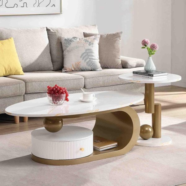 Oval Nesting Coffee Table Set of 2 Faux Marble Golden Round End Table Modern Living Room Table Large 47Inch Coffee Table with Storage Drawer, White