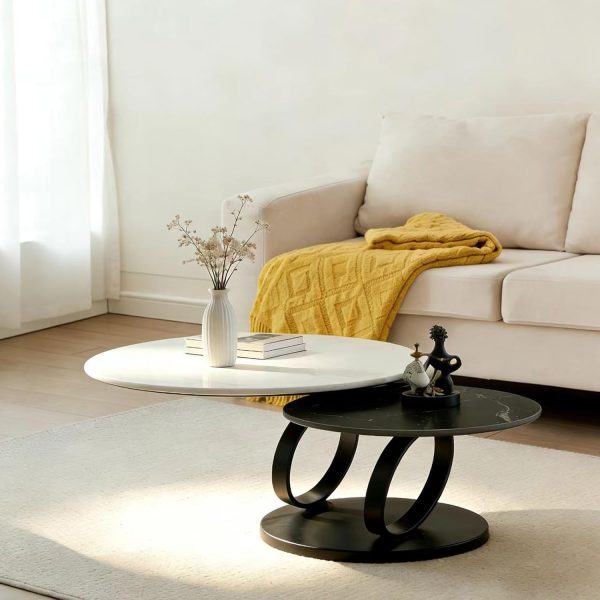 Round Nesting Coffee Table Set of 2, 51" Large Marble Top Coffee Tables with Black Metal Frame, Modern Living Room Center Table Set for Apartment, Bedroom, Balcony, White & Black