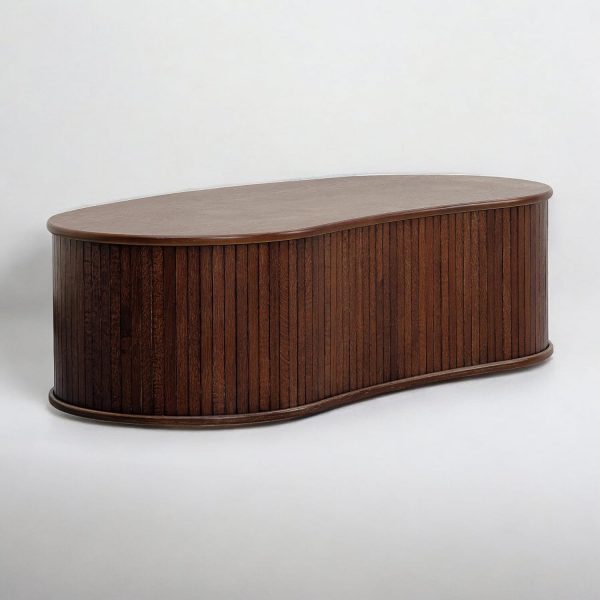 Coffee Table, Modern Oval Wooden Center Table with Vertical Groove Design, Stylish Living Room Decor, Contemporary Minimalist Style for Home and Office, Effortless Assembly - Dark Walnut