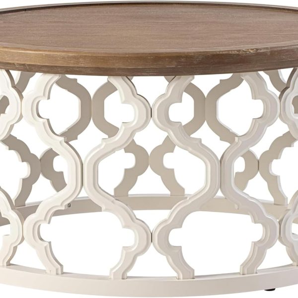 Farmhouse Round Coffee Table, Distressed Wood Tray Top with Curved Motif Base, Rustic Boho French Country Living Room Table, White