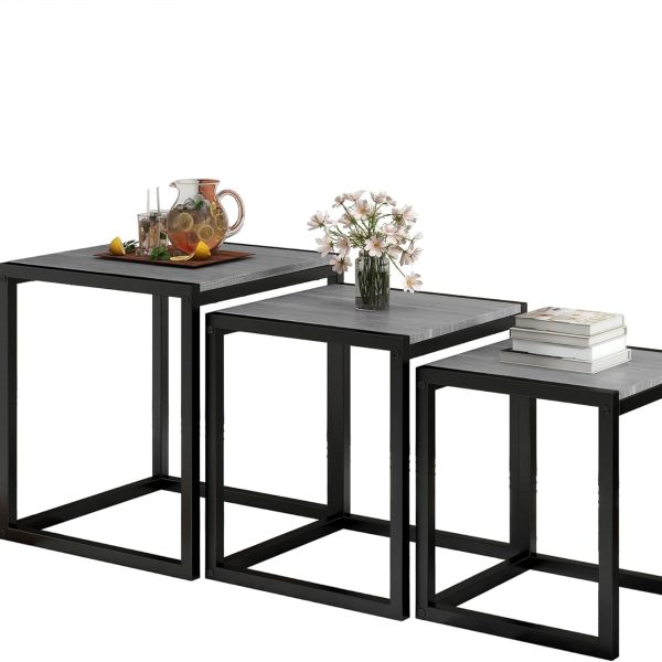 Nesting Table Set of 3 Side Tables, Modern Coffee Table Stacking End Table with Metal Frame (Grey)