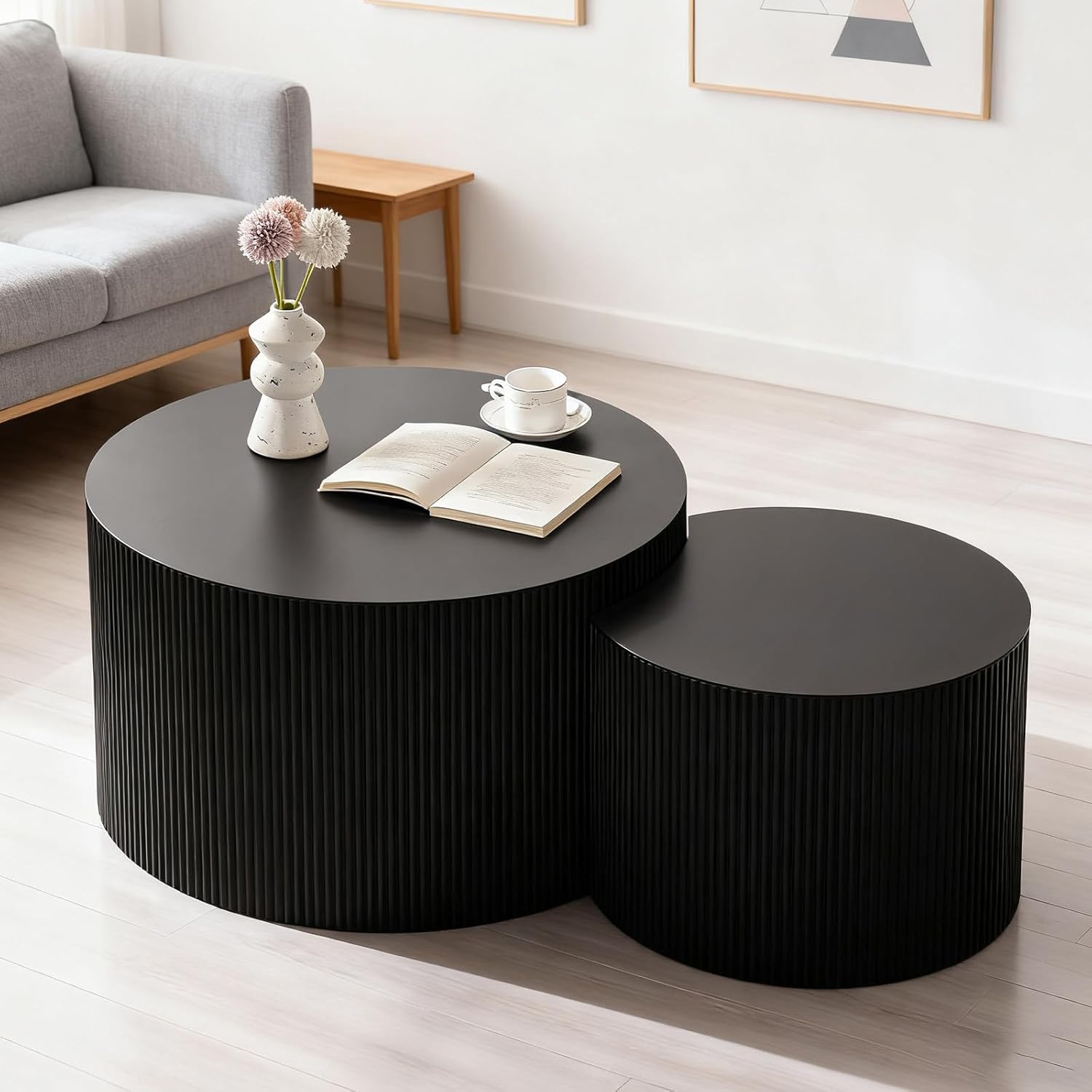 71qoovt3REL._AC_SL1500_.jpg Round Nesting Coffee Table Modern Black Fluted Coffee Table Set of 2 Stripe Round Coffee Tables Drum Crescent Side Table Accent End Table for Living Room (Black B Large) - Image 1