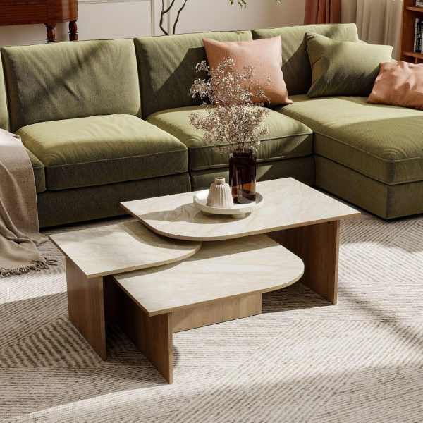 Set of 3 Nesting Coffee Tables, Modern Faux Marble Look Top Coffee Table Set with Wood Base, Versatile Stacking Accent Tables for Living Room, Small Spaces