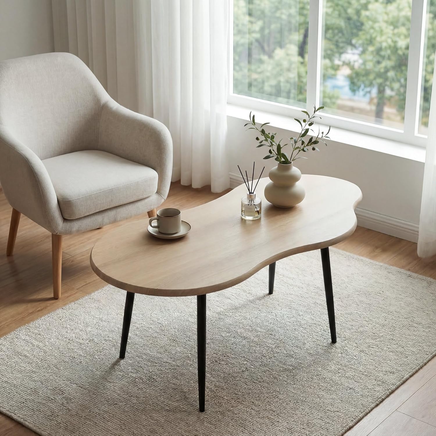 814Kdcgf1L._AC_SL1500_.jpg Cloud Coffee Table for Living Room, 39.5-inch Mid-Century Modern Irregular Center Accent Table with Sturdy Metal Legs, Rounded Edges for Small Space Home Office Lounge, Easy Assembly, Natural - Image 1