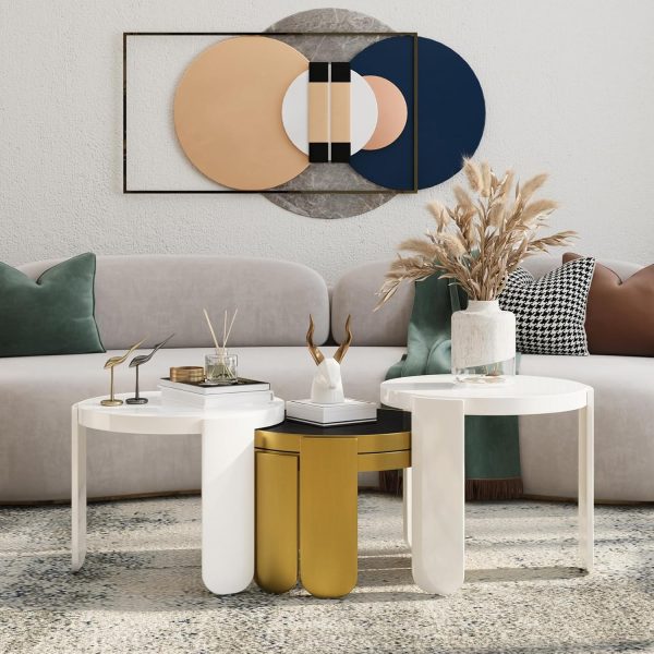20.9-Inch Glass Nesting Coffee Table Set of 4, Modern Round White Reversible Top and Brushed Gold Metal Base for Living Room Office Home, Space Saving, Free Combination, 2 Coffee Table and 2 End Table