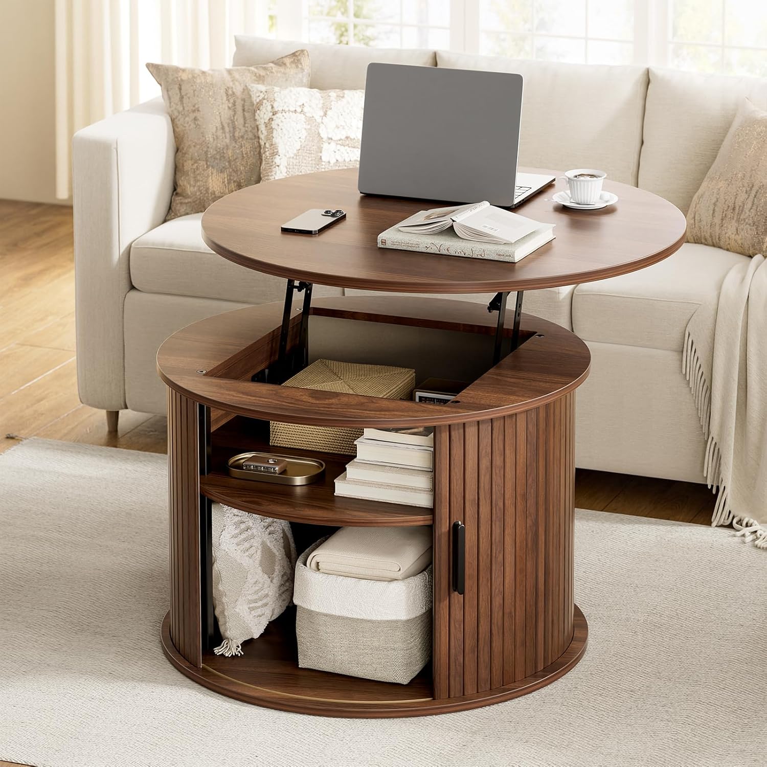 815xfAOMEHL._AC_SL1500_.jpg Round Lift Top Coffee Table, Fluted Wood Accent Coffee Table with Hidden Storage and Open Shelves, Drum Table with Sliding Rolling Door, Small Center Table Dining Table for Living Room, Walnut - Image 1