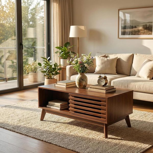 2-in-1 Lift Top Coffee Table with Open & Hidden Storage, 35.4'' Wood Center Table with Slatted Sliding Door & Adjustable Shelf, Mini Lifting Top Side Tables for Living Room Apartment Office (Walnut)