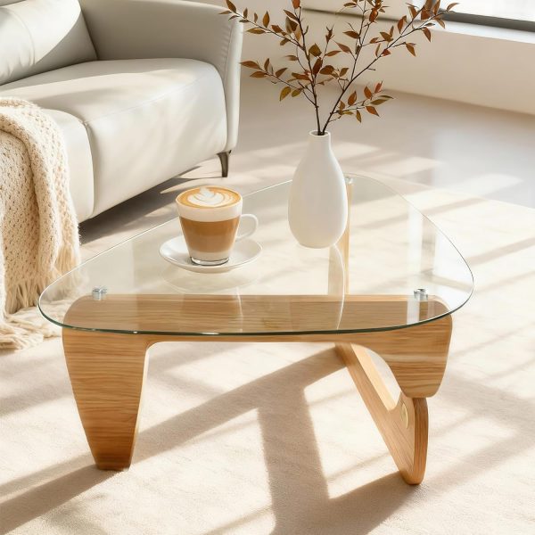 Morden Coffee Table,Glass Coffee Table with Natural Wood Legs,42.5" x 28.5" x 16" Triangle Tempered Glass Top for Living Room, Walnut