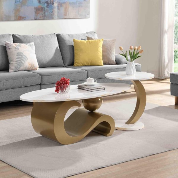 Marble Nesting Coffee Table Set of 2,Modern Oval Center Tea Table and Round Side Nightstand Set w/Faux Marble Top and Metal Frame for Living Room Accent Furniture (Gold)