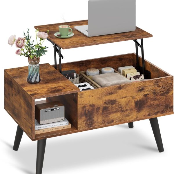 Coffee Table for Living Room, Small Coffee Table with Storage, Lift Top Modern Wooden Dining Center Table with Storage Shelf & Hidden Compartment, 31.5" Rustic Brown