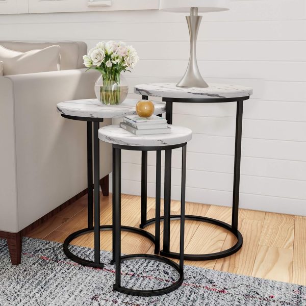 Nesting Tables - Set of 3 Round Side Tables for Living Room, Bedroom, or Home Office - Faux Marble End Table Set - Modern Living Room Furniture (White)