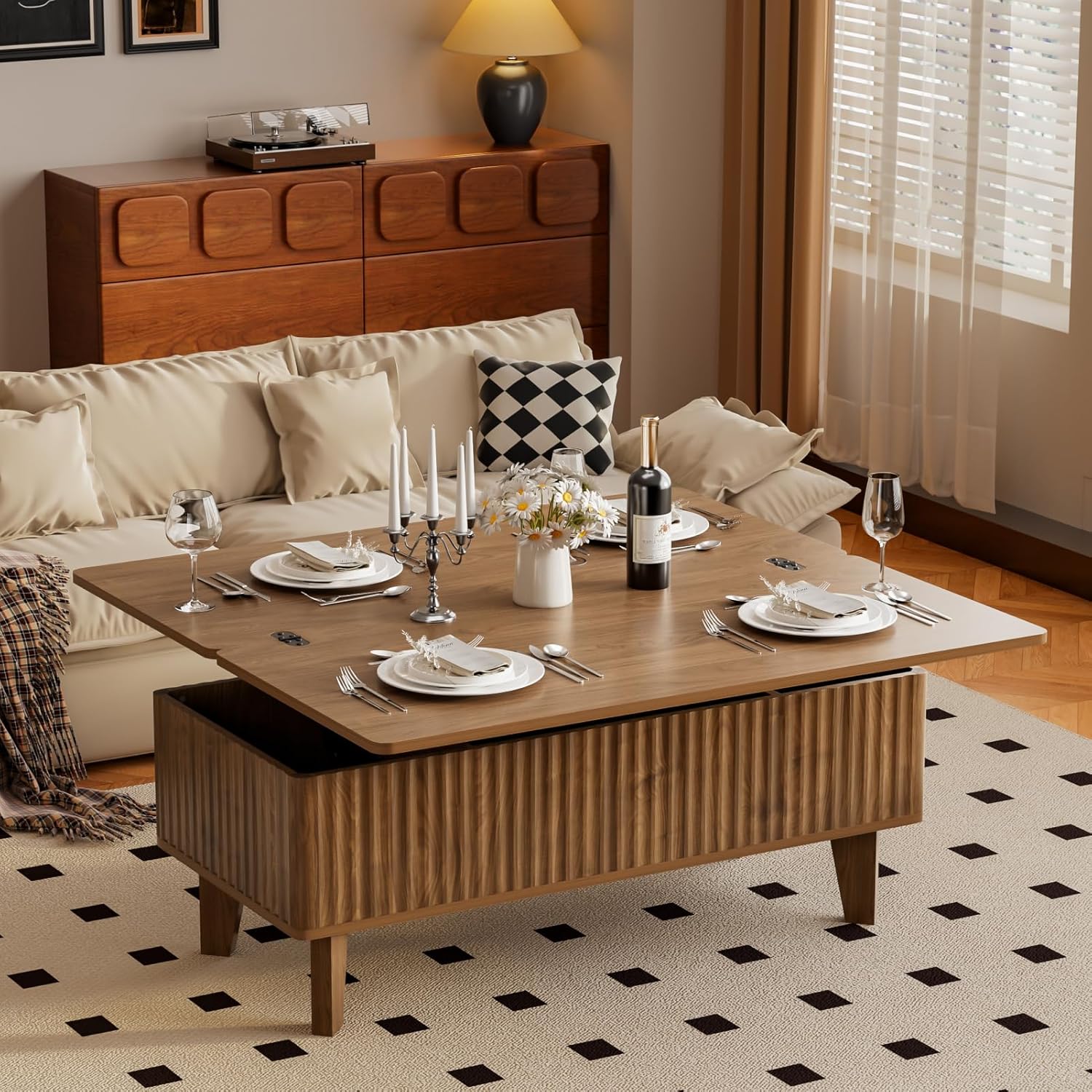 81HtVlT5E9L._AC_SL1500_.jpg 4 in 1 Lift Top Coffee Table with Storage, Mid Century Modern Living Room Center Table, Wood Fluted Multi-Function Convertible Dining Table, Walnut - Image 1