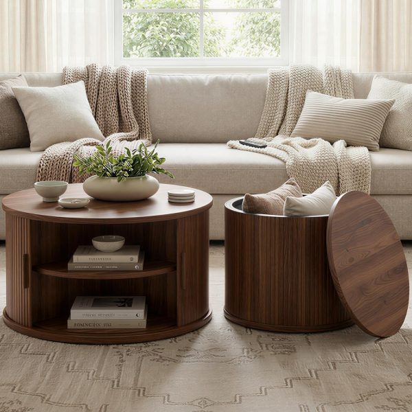 Round Coffee Table Set of 2, Fluted Coffee Table and End Table with Storage, Wood Center Tables with Sliding Tambour Door and Hollow Side Table, Mid Century Modern, Walnut