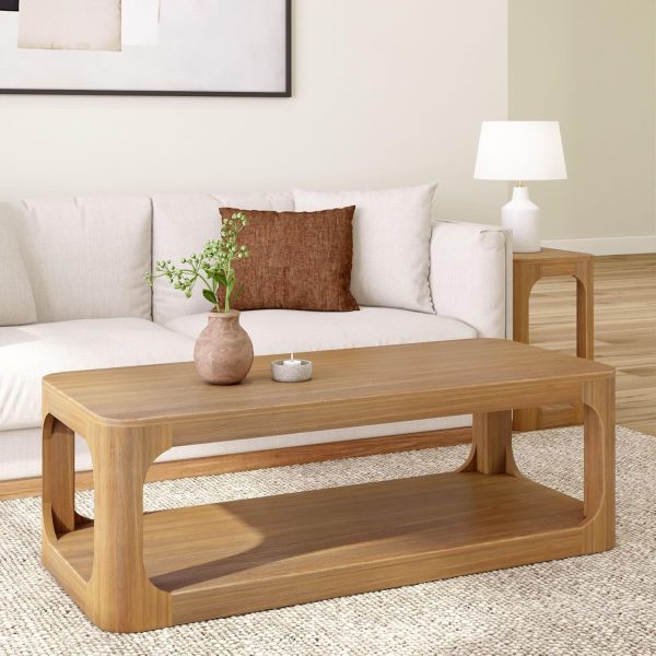 Coffee Table, 54 Inch Modern Coffee Table with Shelf, Contemporary Center Table with Storage Space, Rectangle Tea Table with Storage, Pecan