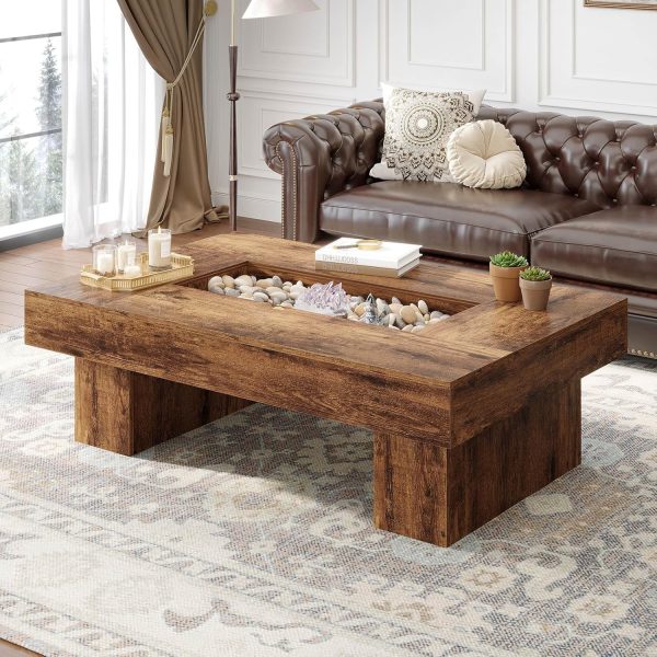 Rustic Coffee Table, Large Wood Living Room Table with Storage, Modern Long Rectangle Center Table, Farmhouse Unique Low Wide Tea Table with Light for Home Office, 47.24 in, Rustic Brown