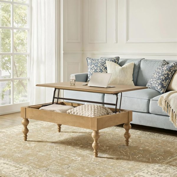 Coffee Table Lift Top with Storage, Gourd-Shaped Legs, Wood Convertible Table for Living Room, Natural