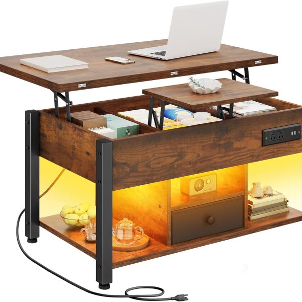4-in-1 Lift Top Coffee Table with  Light & Dual Tops, Multi-Function Table with Power Outlets, Storage, Converts to Dining Table Computer Desk Gaming Hub, Living Room, Home Office, Brown