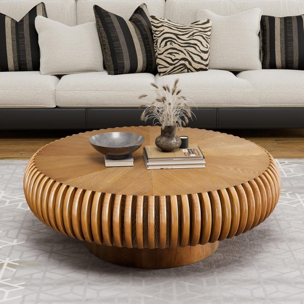 Modern Fluted Drum Coffee Table, Handcrafted Solid Wood Round Accent Table, Stylish Centerpiece for Contemporary Living Spaces (A Brown 31.49 inch)