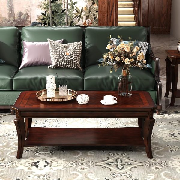 Rectangle Coffee Table for Living Room, Solid Wood Coffee Table with Storage Shelf, Traditional Distressed Farmhouse Style with Shelf, Solid Hardwood Rustic Center Table for Living Room, Cherry