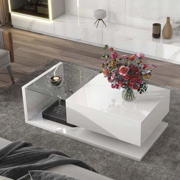 Modern Coffee Table with Tempered Glass, Wooden Cocktail Table with High-Gloss  Surface, Modernist 2-Tier Rectangle Center Table for Living Room, White