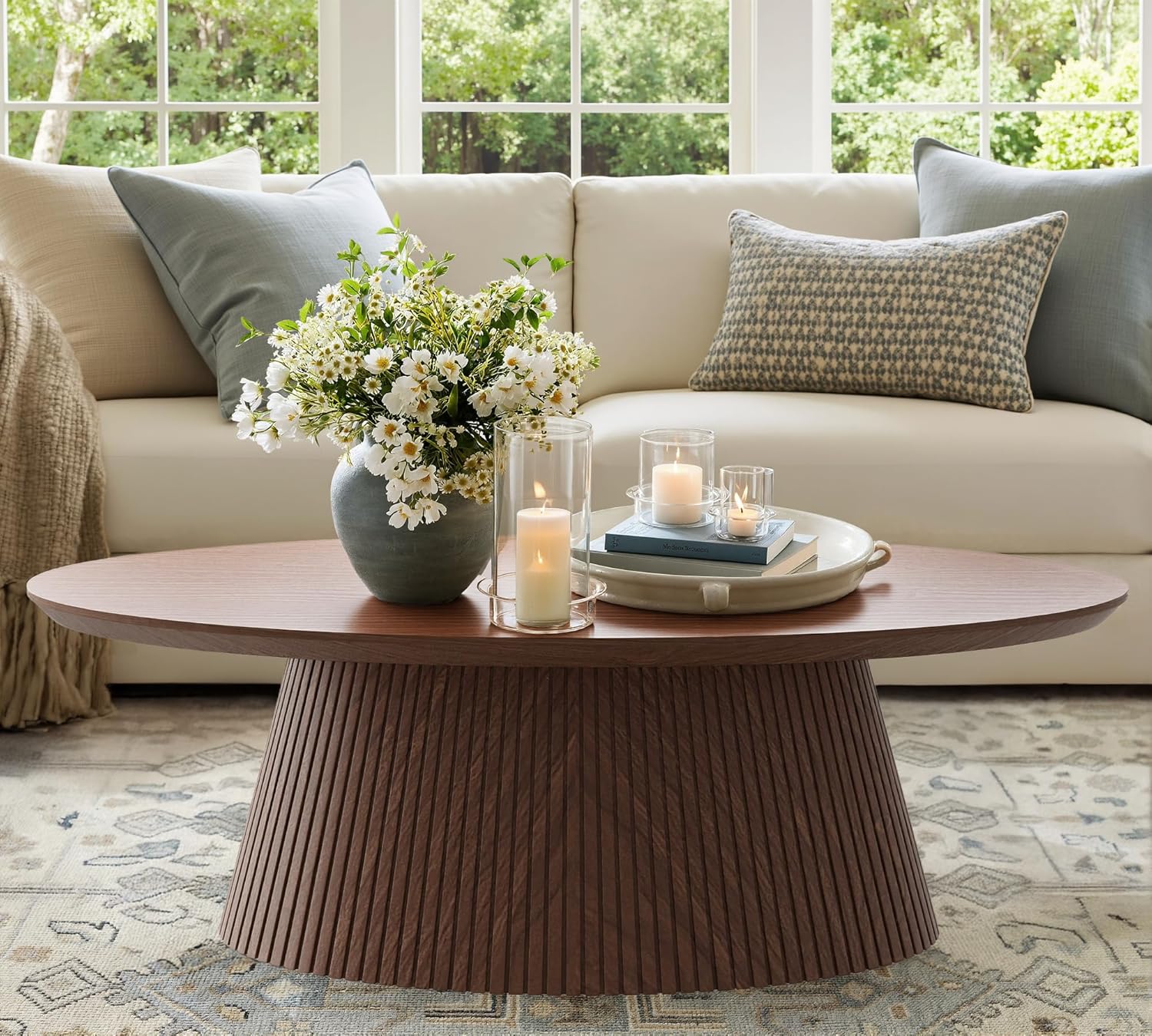 81accUoBX6L._AC_SL1500_.jpg Oval Coffee Table, Mid Century Modern Coffee Table with Fluted Design, Small Funky Tea Table with Wood Grain Veneer, Minimalist Center Table for Living Room, Apartment, Office, Walnut - Image 1