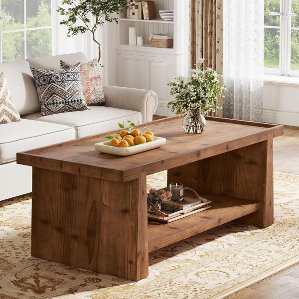 47" Solid Wood Coffee Table with Storage, Farmhouse Rectangular Coffee Table with 2-Tier Shelf & Raised Edge, Living Room Center Table, Rustic Brown