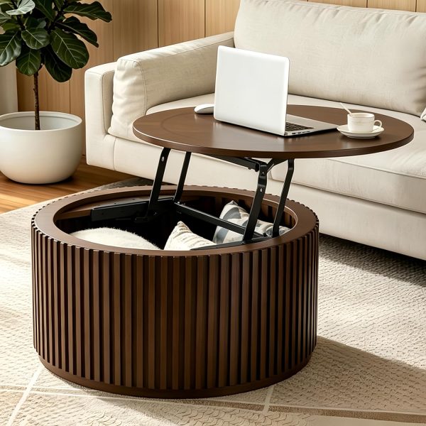 Round Lift Top Coffee Table with Storage, Wood Circle Center Table No Assembly Required with Large Hidden Compartment, Modern Drum Coffee Table for Living Room, Office (31"x31"x16")