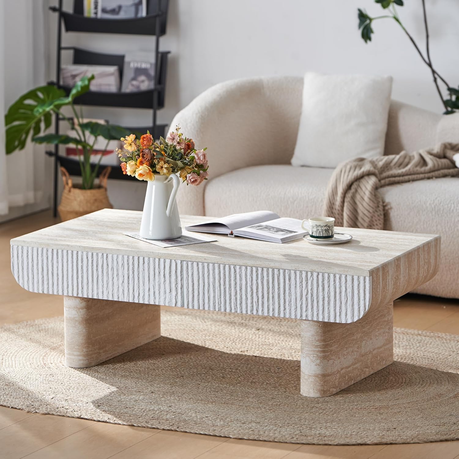 81hd8BYcw4L._AC_SL1500_.jpg Faux Travertine Coffee Table with Drawers, Modern Minimalism Coffee Table with Stone-Like Finish & Sturdy Pedestal Base,Contemporary Rectangular Living Room Center Table for Cozy Home Decor, Apartment - Image 1